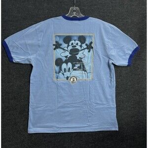 Vintage Walt Disney Studios Mickey Mouse Plane Crazy T- Shirt Blue Ringer Large